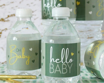 Green and Gold Baby Shower Favor Stickers Water Bottle Labels - Sweet Baby, Hello Baby, Oh Baby - Gender Neutral Sage - Waterproof