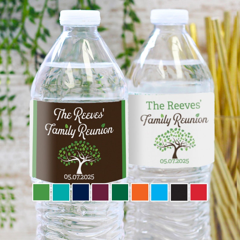 Personalized Family Reunion Water Bottle Labels Custom Family Reunion Tree Decor Party Favors 9 colors 24 100 or 250 Waterproof Stickers image 1