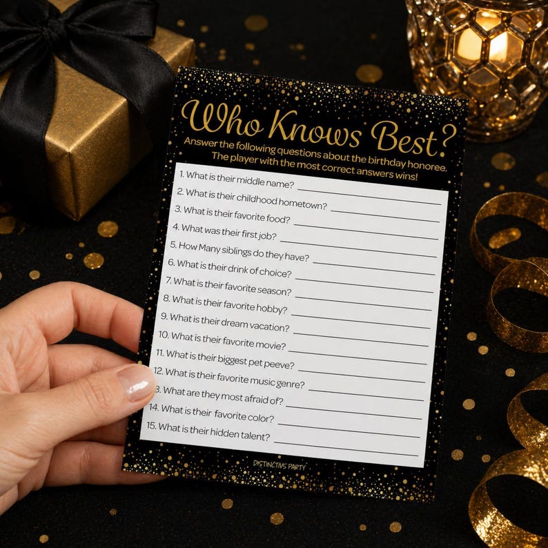 May include: A black and gold party game card with the text "Who Knows Best?" and fill-in-the-blank questions. The card is held by a hand, with a gold gift box and decorative items in the background.
