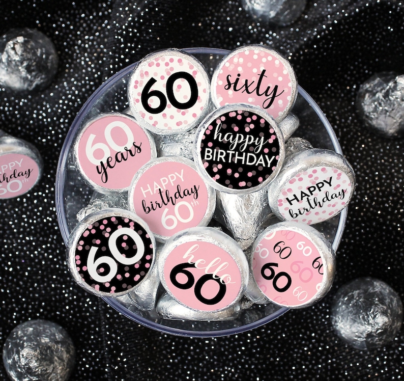 Sticker 60th Library 60th Birthday Label Stickers for Chocolate Kisses - Pink and Black ...