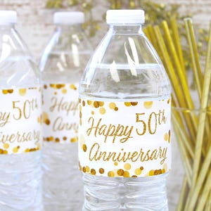 Happy 50th Anniversary Water Bottle Labels, Golden Wedding Anniversary Celebration Party Favors, Gold 50 Years,  20 Sticker Wrappers