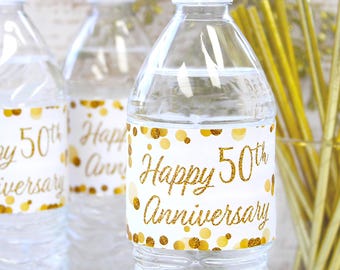 Happy 50th Anniversary Water Bottle Labels, Golden Wedding Anniversary Celebration Party Favors, Gold 50 Years,  20 Sticker Wrappers