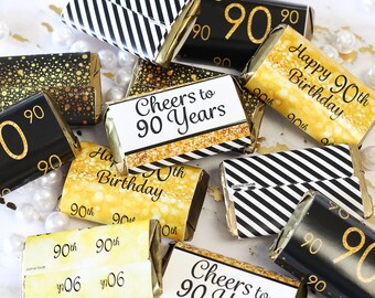 90th Birthday Candy Wrappers for Hershey Miniatures Bars, 45ct Stickers - 90th Birthday Decorations - Black and Gold Birthday Party Favors