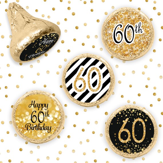 60th Birthday Decorations - Black and Gold 60th Birthday Party Favors - Stickers for Hershey Kisses - 216 Stickers Il_570xn