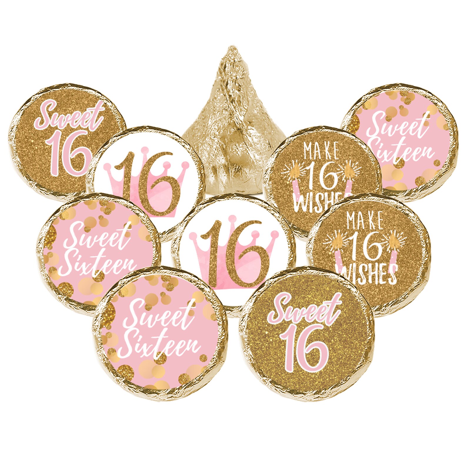 Pink and Gold Sweet 16 Party Favor Chocolate Kisses Stickers, Happy ...