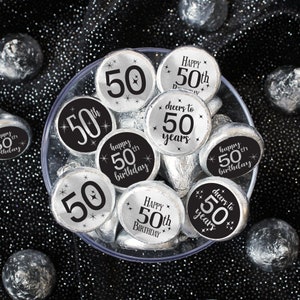 50th Happy Birthday Party Favor Stickers, Silver Foil & Black 50th Birthday Decorations, Labels for Chocolate Kisses, 180 Stickers for Candy