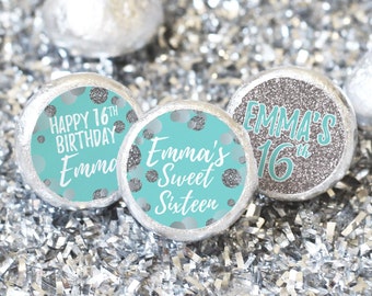 Personalized Teal and Silver Sweet Sixteen Birthday Party Favor Stickers - Custom Blue Sweet 16 Birthday Labels for Chocolate Kisses - 180ct