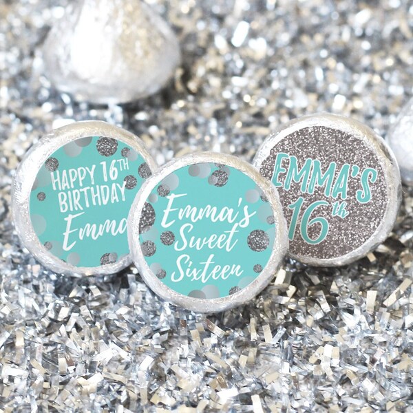 Personalized Teal and Silver Sweet Sixteen Birthday Party Favor Stickers - Custom Blue Sweet 16 Birthday Labels for Chocolate Kisses - 180ct