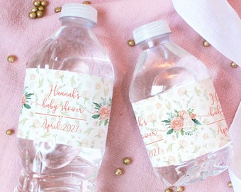 Personalized Pink Floral Baby Shower Water Bottle Labels | Custom Boho Garden Girl Baby Shower Table Decorations Spring Flowers