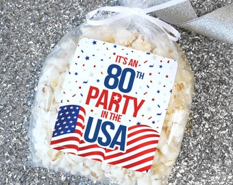 80th Red White and Blue Birthday Party Favor Popcorn Bag Stickers | Patriotic American Flag Military Labels for Him - 32 Stickers