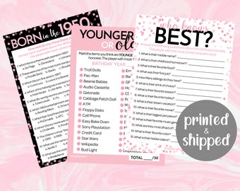 70th Birthday Party Games - Born in The 1950s Pink Birthday Game Bundle, Trivia, Who Know Best - Set of 3 Games for 20 Guests - Mom Grandma