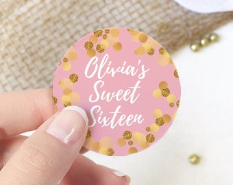 Personalized Pink and Gold Sweet Sixteen Birthday Stickers | Sweet 16 Party Bag Favor Labels, Envelope Seals, 16th Candy Favors | 40 Labels