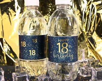 18th Birthday Party Favor Stickers - Navy Blue & Gold Foil Water Bottle Labels, 24ct Waterproof - Adult Birthday Decorations and Supplies