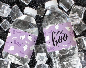 Purple Little Boo is Almost Due Girl Baby Shower Water Bottle Labels - It's a Ghoul Halloween Baby Waterproof Stickers - 20 Count