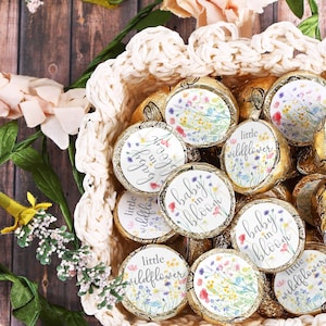 Baby in bloom stickers on foil-wrapped chocolate kiss candies, wildflower girl baby shower party favors