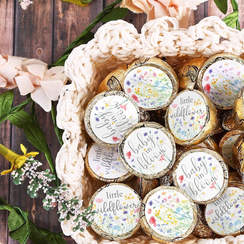 Baby in bloom stickers on foil-wrapped chocolate kiss candies, wildflower girl baby shower party favors