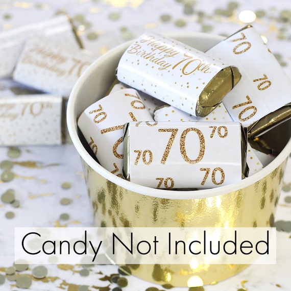 70th Birthday Decorations - White and Gold Birthday Party Favors - Candy Wrappers for Hershey Miniatures Bars - 45ct Stickers Il_570xn