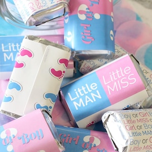 Gender Reveal Candy Wrappers for Miniature Chocolates - Little Man or Little Miss Gender Reveal Party Favors - He or She Stickers - 42ct