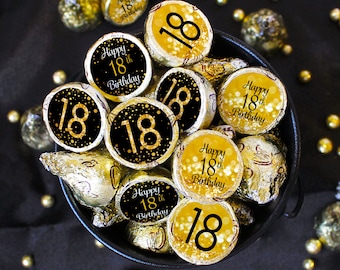 18th Birthday Party Favor Sticker - Black and Gold Theme 18th Birthday Party Favors - Chocolate Kisses Labels for 18 Year Old Adult Bday