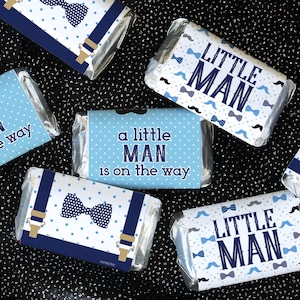 Little Man Boy Baby Shower Mini Candy Bars - 45 Labels, Make Blue Boy Baby Shower Candy Favors, Candy Wrapper for Miniature Chocolates