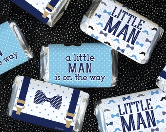 Little Man Boy Baby Shower Mini Candy Bars - 45 Labels, Make Blue Boy Baby Shower Candy Favors, Candy Wrapper for Miniature Chocolates