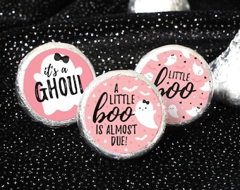 Pink Little Boo is Almost Due Girl Baby Shower Stickers – 180ct, It’s a Ghoul Halloween Spooky Baby Shower Favor Labels for Chocolate Kisses