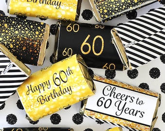 60th Birthday Candy Wrappers for Miniature Chocolate Bars, 45ct Stickers - 60th Birthday Decorations - Black and Gold Birthday Party Favors