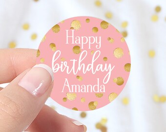 Personalized Pink and Gold Birthday Stickers for Favors | Custom Name Chic Birthday Party Favors Labels, Card Envelope Seals
