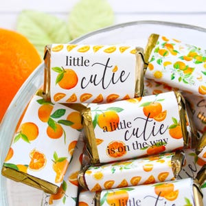 Little Cutie Candy Wrapper Stickers for Miniatures Chocolate Bars, Oranges Baby Shower Favor Labels, A Little Cutie on the Way, 42ct