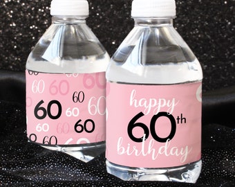 Pink and Black 60th Birthday Water Bottle Labels - 24ct Waterproof Stickers - Pink Party Favors for Her - 60th Pink Birthday Decorations