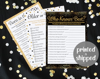 50th Birthday Party Games - Born in The 1970s Black and Gold Birthday Game Bundle - 45th or 50th Birthday - Set of 3 Games for 20 Guests