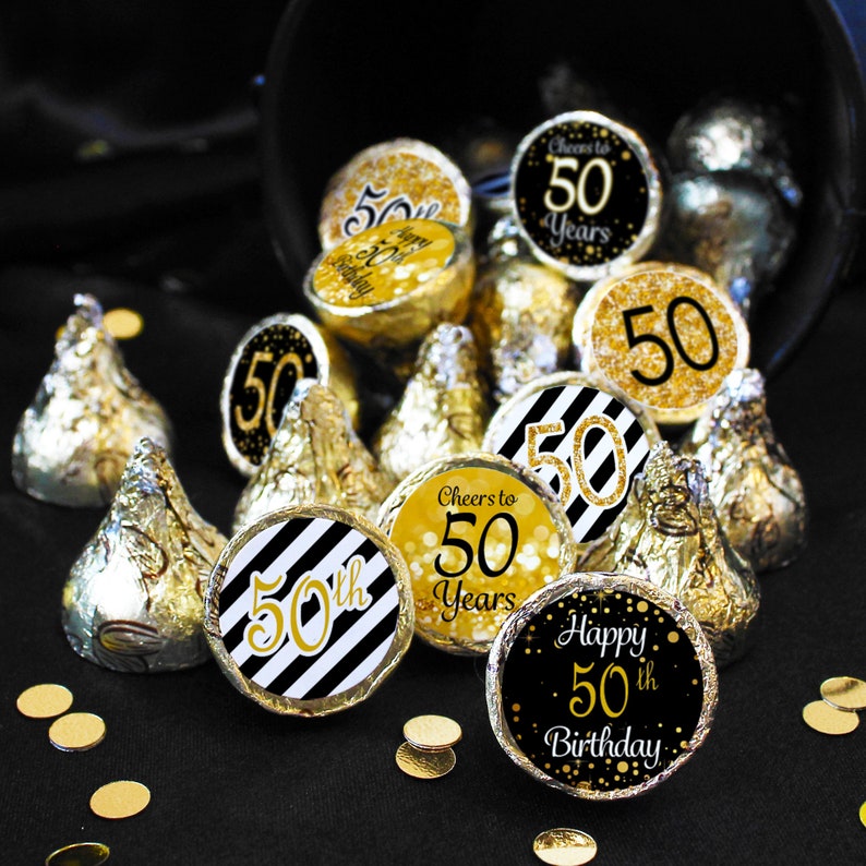 50th Birthday Party Decorations Black and Gold 50th Birthday Party Favors for Him or Her Stickers for Chocolate Kisses Drops 180 Count image 6