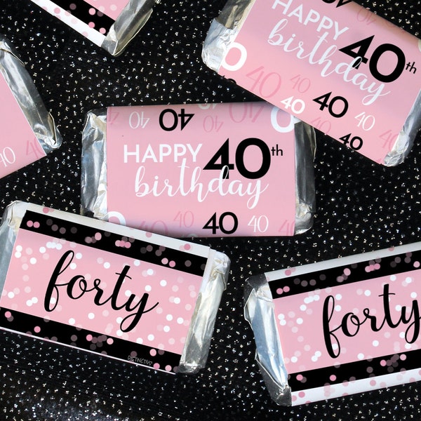 40th Birthday Party Favor Stickers - Pink and Black Mini Candy Bar Wrapper Labels 45ct - Adult Birthday Decorations and Supplies for Women