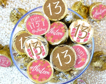 13th Birthday Chocolate Kiss Stickers, 180ct | Pink Gold 13th Birthday Decorations – 13th Birthday Favors for Girls – Happy 13th Birthday