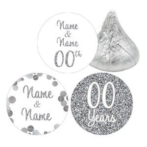 personalized 25th silver 60th 70th diamond wedding anniversary custom party favors labels sticker party table celebration decoration centerpiece married couples in 3 unique designs