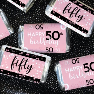 50th Birthday Party Favor Stickers - Pink and Black Mini Candy Bar Wrapper Labels 42ct - Adult Birthday Decorations and Supplies for Women