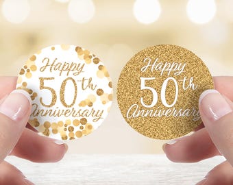 Gold 50th Anniversary Party Favor Stickers, 40 Labels, 1.75” Round – 50th Wedding or Business Anniversary Party Decorations