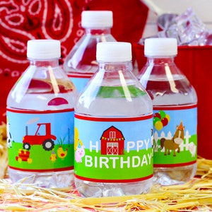 Barnyard Farm Animals Birthday Party Water Bottle Labels used as a barn set table decorations with hay