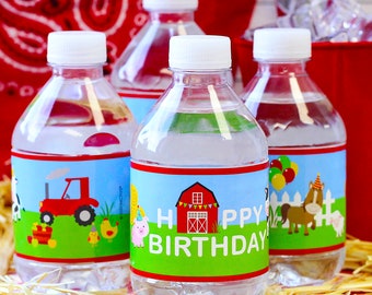Barnyard Farm Animals Birthday Party Water Bottle Labels, 20 Sticker Wrappers, Labels for Farm Theme Party, Cow, Pig, Sheep Stickers