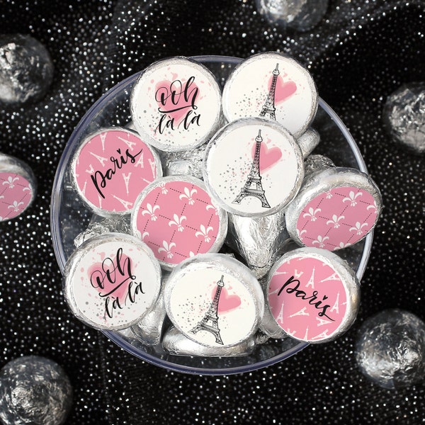 Paris Party Stickers for Chocolate Kisses, French Sweet 16 Candy Favors, Paris Theme Birthday Labels, Girls Birthday Party, 180 Stickers