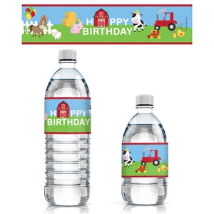 Barnyard Farm Animals Birthday Party Water Bottle Labels featuring barn, cow, pig, duck, horse, and hay designs
