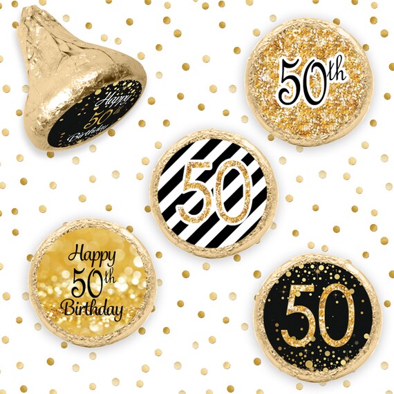 50th Birthday Party Decorations - Black and Gold 50th Birthday Party Favors - Stickers for Hershey Kisses - 216 Stickers Il_570xn