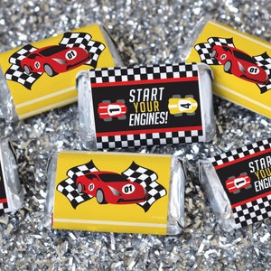 Race Car Party Mini Candy Bar Wrappers, Stickers for Miniature Chocolates, Racing Birthday Favors, Start Your Engines Racing Theme 42 Labels
