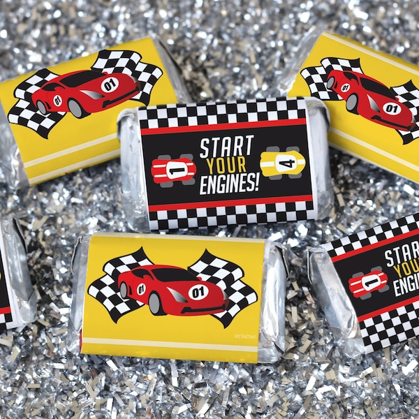 Race Car Party Mini Candy Bar Wrappers, Stickers for Miniature Chocolates, Racing Birthday Favors, Start Up Your Engines Theme, 45 Labels