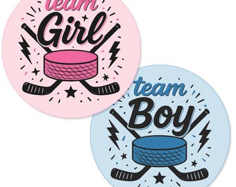 Pegatinas de hockey para revelar el sexo del bebé: etiquetas para votar en la fiesta del equipo niño o del equipo niña. Anuncio de género: 20 pegatinas para niña, 20 pegatinas para niño.