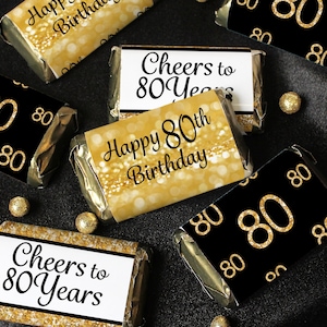 Black and Gold 80th Birthday Candy Stickers for Miniature Chocolate Bars, 45 Stickers - Happy 80th Wrapper Labels for Men or Women