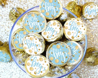 Boy Baby Shower Chocolate Kiss Stickers, Blue and Gold (180ct)