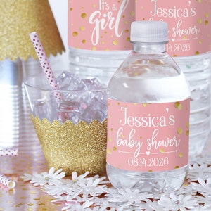 Personalized Pink and Gold Baby Shower Water Bottle Labels | It's a Girl Baby Shower Table Decorations | 24ct Waterproof Stickers