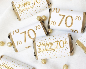 70th Birthday Candy Wrapper Labels for Miniature Chocolate Bars, White Gold Stickers for Party Favors, Happy Birthday Mom Dad Women Men 45ct