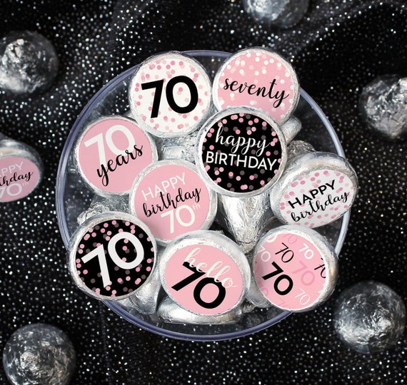 70th Birthday Label Stickers for Chocolate Kisses - Pink and Black Birthday Favors for Her - 180 Stickers- 70th Birthday Decorations & Ideas